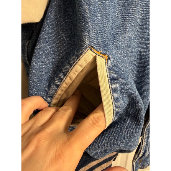 Vtg 90s Saugatuck Co Blue Denim Tan Canvas Hood Varsity Bomber Jacket Mens Med - Picture 5 of 10